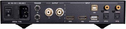 Převodník DAC Nuprime DAC-8 černý, zadní strana, konektory RCA, USB, koaxiální, optické, vstup napájení, vypínač