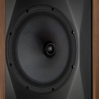Hifi-luidspreker in zwart hout, close-up van grote woofer en front met sculpturale lijnen