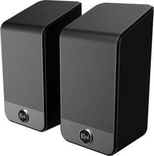 Coppia di diffusori surround Klipsch Flexus Surr 200 neri, con griglia frontale perforata e logo rotondo, visti di tre quarti