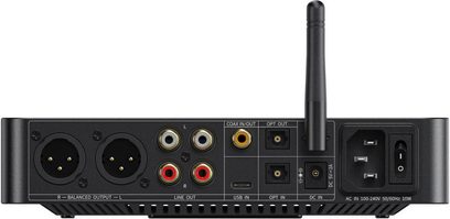 FiiO BR15 R2R sort DAC i sort, set bagfra med XLR-, RCA-, optiske stik og Wi-Fi-antenne