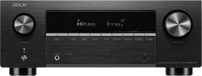 AV receiver Denon AVR-X2900HDAB černý, pohled zepředu, velký středový displej a dva široké stříbrné otočné ovladače