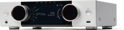 Silver Onkyo Y-50 stereo hi-fi amplifier, modern front panel with large central black display and two large backlit round knobs