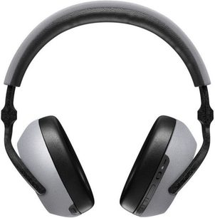 Bowers & Wilkins PX7 sølvfarvet omkringørende hovedtelefoner, grå hovedbøjle og puder, lukkede sorte ørekopper, set forfra