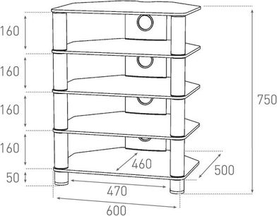 Teknisk diagram med dimensioner for et Sonorous RX2150BSMO TV-møbel med 5 glashylder, 160 cm højt og 75 cm bredt