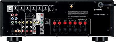 Yamaha RX-V577 Heimkino-Verstärker in schwarz, Vorderseite, Frontansicht, Audio-/Video-Anschlüsse, Tasten, Display, Kontrollleuchten