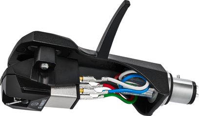 Přenoska Audio Technica AT-VM95EBK/H na černé headshell, stříbrný konektor a červený, modrý, zelený kabel