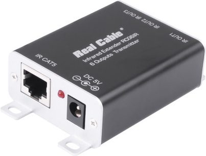 Trådløs infrarød sender Real Cable RC14IR sort med RJ45- og DC 5V-stik, set oppefra og forfra