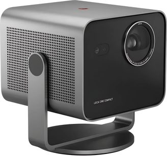 Leica Cine Compact 1 vaizdo projektorius, antracito pilkos spalvos, vaizdas trimis ketvirčiais, priekinis objektyvas ir integruotas apskritas stovas