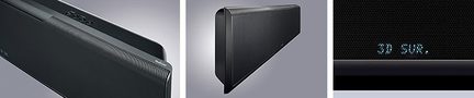 Rektangulær sort soundbar set forfra, fra siden og bagfra, med LED-display "22 SUN." på forsiden