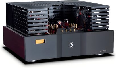 Amplificatore di potenza Cayin Soul 170P nero in metallo e legno, valvole a vista sotto griglie, vista 3/4 anteriore