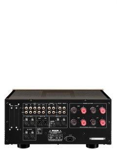 Amplificateur hi-fi Accuphase E-6000 vu de dos, panneau noir avec prises RCA, XLR et borniers d’enceintes rouges et noirs