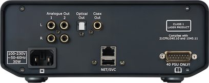 Rear of Cyrus 40 CD player, black metal chassis, 2 stereo RCA, optical output, coaxial, RJ45 ports, IEC socket, D-sub
