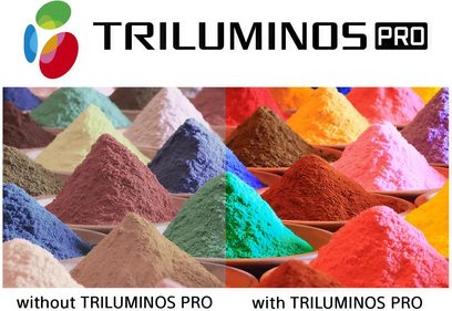 Logo "Triluminos Pro" a pyramidy barevných prášků v červené, oranžové, žluté, zelené, modré a fialové barvě s technologií Triluminos Pro a bez ní