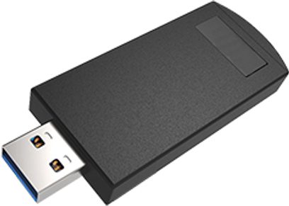 Nuprime BTR-8 trådløs sender, sort, set ovenfra i perspektiv, forside med USB-port og knap, bagside