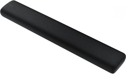 Samsung HW-S60A/ZF soundbar i sort, rektangulær og aflang, set forfra i nærbillede på hvid baggrund