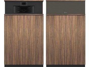 Klipsch Khorn AK7 gulvhøjttalere i amerikansk valnød med front i træfinish og sort panel med horn-diskanthøjttaler