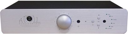 Przedwzmacniacz stereo Atoll Electronique PR100SE w kolorze srebrnym, przedni panel z obrotowym pokrętłem, gniazdem słuchawkowym i światełkami kontrolnymi