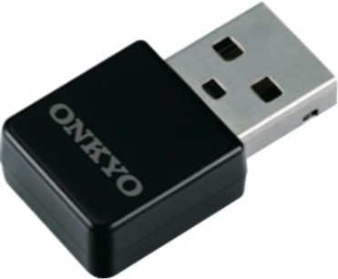 Onkyo UWF-1 sort trådløs sender, set ovenfra i perspektiv, forside med logo og USB-porte