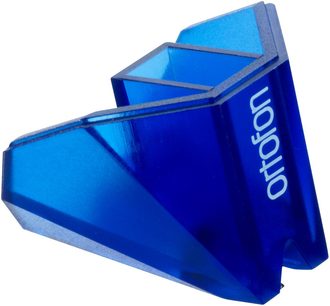 Ortofon 2M Blue nõela sinine teemant, läikiv nurkjas korpus, tumehallis hoidikus teemantots