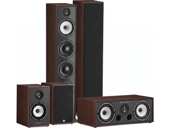 Sada reproduktorů Triangle Borea BR09, BRC1 a BR02 v ořechovém provedení se dvěma sloupovými reproduktory, jedním centrálním reproduktorem a dvěma kompaktními reproduktory