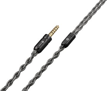 Pleten siv avdio kabel Astell&Kern XIO z zlatim jack priključkom in črnimi zaključki v bližnjem posnetku