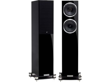 Boxe podea Fyne Audio F501SP negru lucios, vedere frontală, două boxe alăturate pe picioare metalice