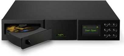 Naim Uniti sort audiosystem set forfra, med grøn LCD-skærm, åben cd-bakke og tilslutninger på bagsiden