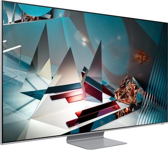 Televizor Samsung QE82Q800T, plochá obrazovka, pohled zepředu, barevné a lesklé geometrické tvary, kovové odlesky
