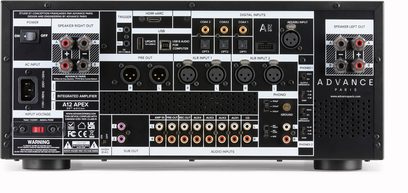 Stereo integrovaný hi-fi zesilovač Advance Paris A12 Apex 30TH černý kovový, zadní pohled, porty RCA, XLR, HDMI eARC, USB, optické