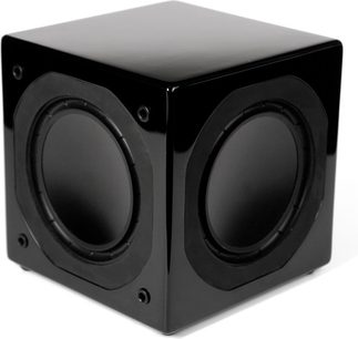Mirage MM-6 sort subwoofer set forfra, to runde højttalere, kubisk kabinet