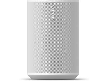 Front view of white Sonos Era 100 SL smart speaker with large perforated metal grille and vertical logo