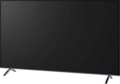 Panasonic TV-75W95AEG højdefinitionsfjernsyn, sort skærm, V-formede metalben, set forfra