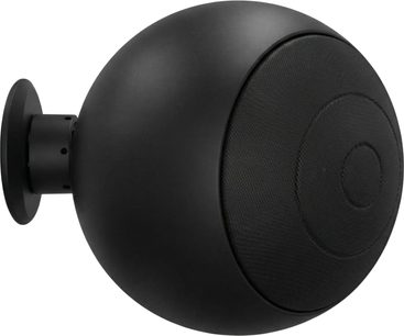 Diffusore surround da parete Cabasse Baltic 5 nero opaco, design sferico, vista laterale che mostra la staffa da parete