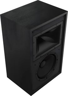 Diffusore da scaffale Klipsch Rebellion nero, vista di tre quarti con tromba e altoparlante frontale visibili