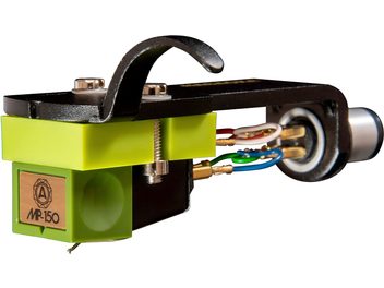 Nagaoka MP-150H phono cartridge in light green plastic with a gold front plate, mounted on a black metal headshell with a curved handle, visible red, white, green, and blue wires and gold connectors, close-up side view