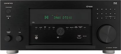 Domácí kino Onkyo TX-RZ70 v černé barvě, pohled zepředu, zelený displej "Imax DTS+X", více tlačítek a ovládacích koleček