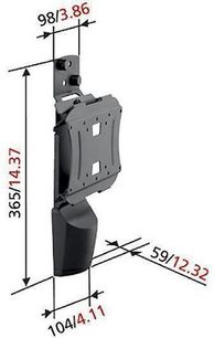 Vægmonteret sort TV-beslag, set fra siden, med dimensioner i millimeter, vægmontering og drejeligt armsystem til fladskærm