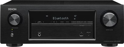Denon AVR-X540BT sort hjemmebiografsforstærker, set forfra, sort front med knapper og skærm, to sølvfarvede drejeknapper