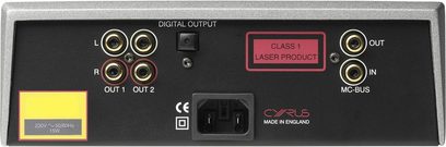 Bagside af en sølvfarvet Cyrus CD6 SE CD-afspiller med digitale og analoge lydstik, kontakt og strømindgang
