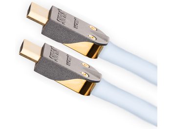 Kaksi kultaista Supra-HDMI-liitintä, jotka on yhdistetty valkoisella kaapelilla, näkyvät sivuprofiilista valkoisella taustalla