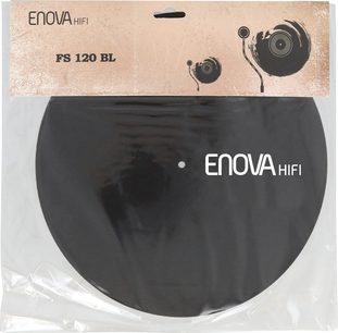 Sort, cirkulært dæksel med et centralt hul, pakket i gennemsigtig plastik, Enova HIFI-logo trykt i hvidt