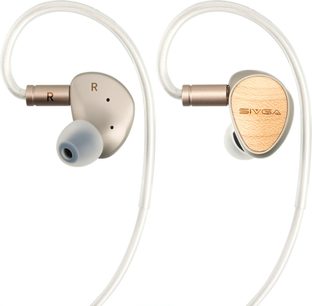 Zilverkleurige Sivga Que in-ear oordopjes, met lichtbeige frontjes, grijze oortips en transparante kabel