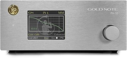Фонокоректор Gold Note PH-10 сріблястий, передня панель з кнопкою, LCD-екран із відображенням параметрів і роз'ємом для навушників