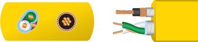USB-kabel Chroma 8 USB 2.0 A-B 2 m, gul kappe, tværsnit viser snoede ledere, grønne og hvide isolatorer, afskærmning