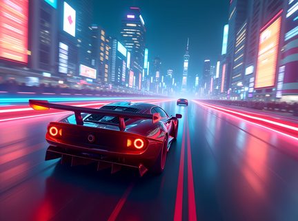 Metallic red sports car with a massive rear spoiler and circular LED lights, three-quarter rear view on a futuristic street lit by pink and blue neon lights, shiny reflections on the bodywork