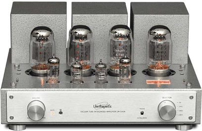 Amplificatore hi-fi a valvole Line Magnetic LM-216IA argento, vista frontale, 4 valvole, 2 manopole rotanti, prese frontali, chassis metallico