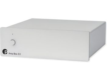 Hi-fi усилвател на мощност Pro-Ject Amp Box S3 сребрист, изглед отпред под лек ъгъл с минималистична предна фасада
