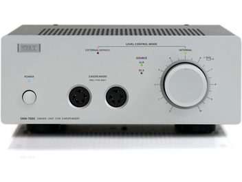 Preamplificatore per cuffie STAX SRM-700S, vista frontale, facciata grigia con pulsanti, prese per cuffie e manopola di controllo del livello