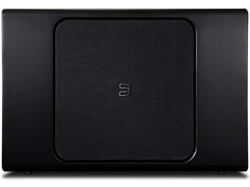 Subwoofer BlueSound PULSE SUB+ en negro mate, panel frontal, rejilla acústica negra, logo gris en el centro