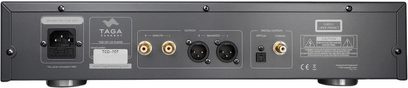 Lettore CD hi-fi TCD-70T argento, vista posteriore, connettori analogici RCA dorati, XLR, uscite ottica e coassiale, presa di alimentazione.